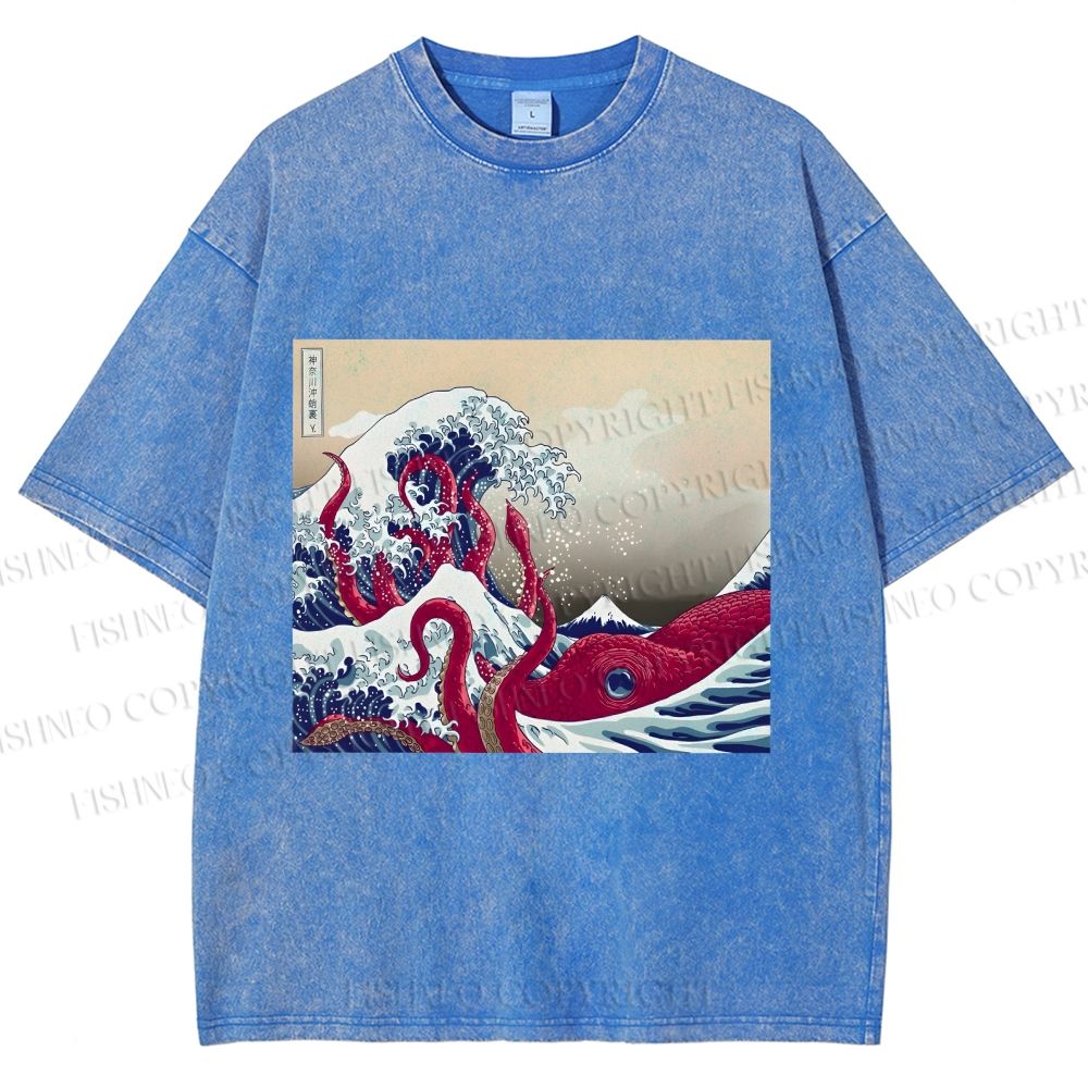 Unisex Vintage Japanese Wave Octopus Printed Washed Tee