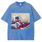 Unisex Vintage Japanese Wave Octopus Printed Washed Tee