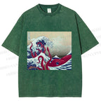 Unisex Vintage Japanese Wave Octopus Printed Washed Tee