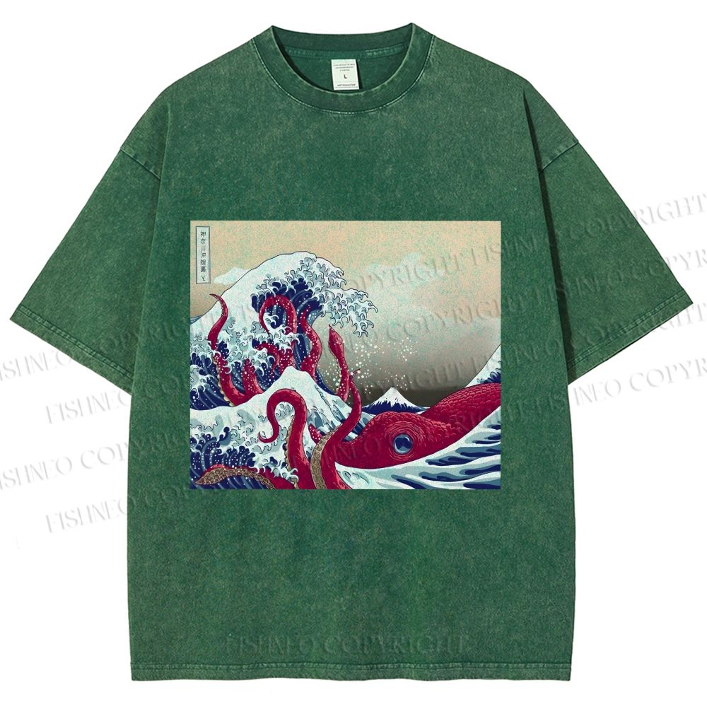 Unisex Vintage Japanese Wave Octopus Printed Washed Tee