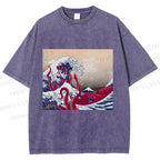 Unisex Vintage Japanese Wave Octopus Printed Washed Tee