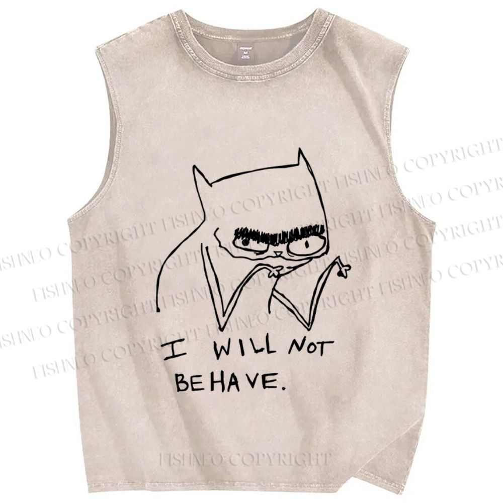 Unisex I Will Not Behave Silly Cat Printed Washed Tank Top