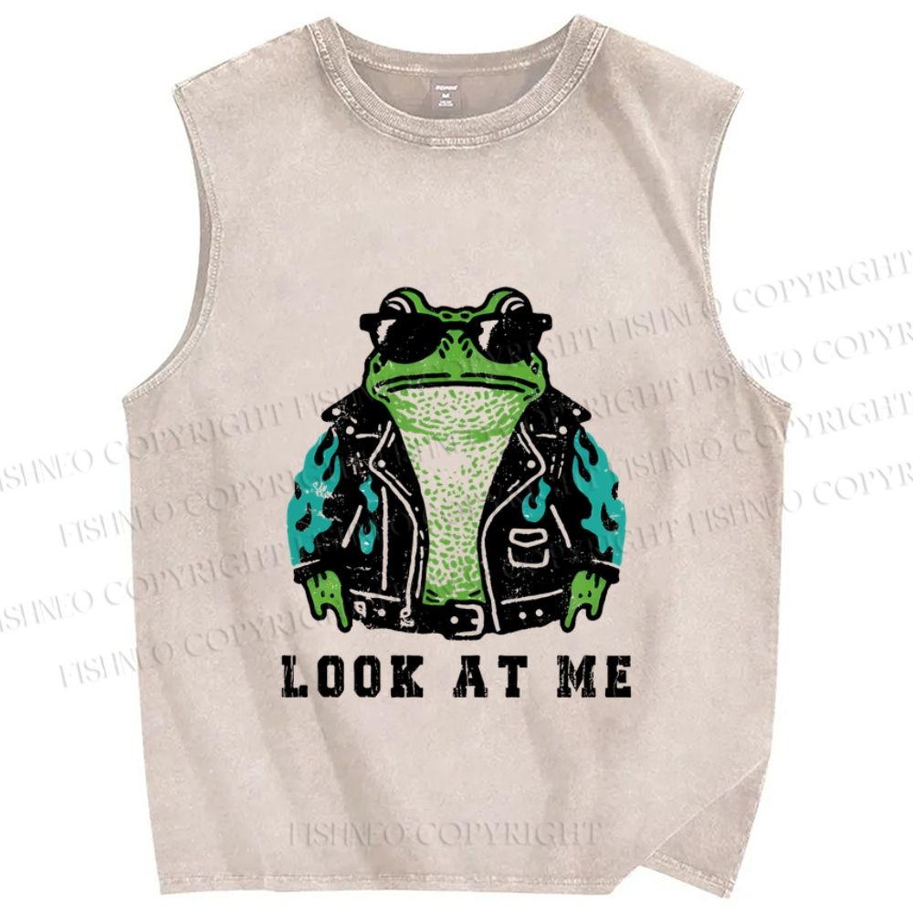 Unisex Look At Me Vintage Frog Printed Washed Tank Top