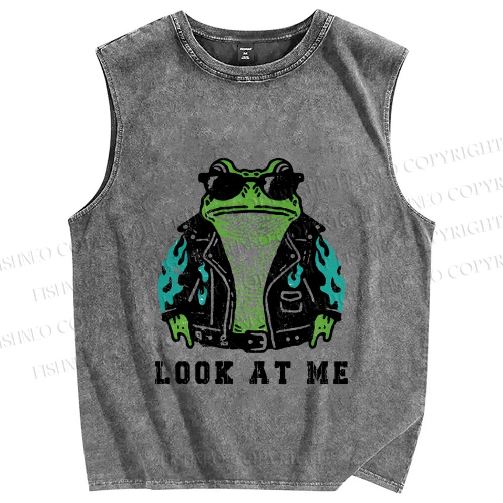 Unisex Look At Me Vintage Frog Printed Washed Tank Top