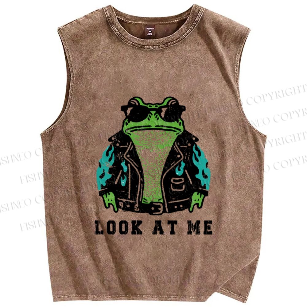 Unisex Look At Me Vintage Frog Printed Washed Tank Top