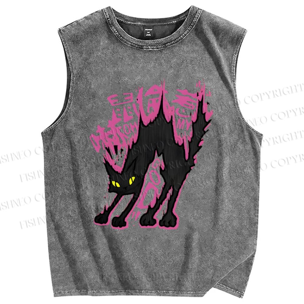 Unisex Cat Printed Washed Tank Top