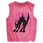 Unisex Cat Printed Washed Tank Top