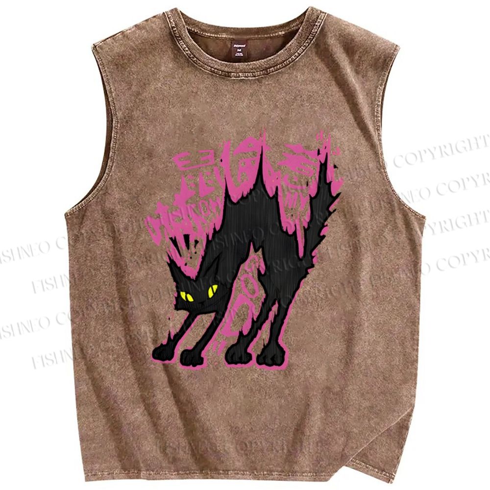 Unisex Cat Printed Washed Tank Top
