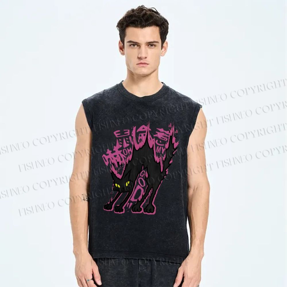 Unisex Cat Printed Washed Tank Top