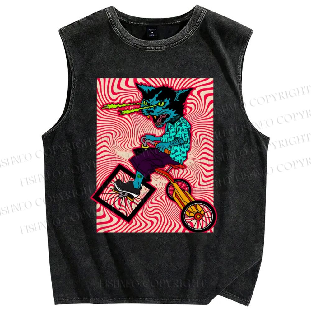 Unisex Cycling Cat Printed Washed Tank Top