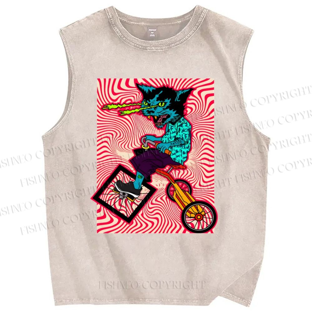 Unisex Cycling Cat Printed Washed Tank Top