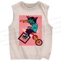 Unisex Cycling Cat Printed Washed Tank Top