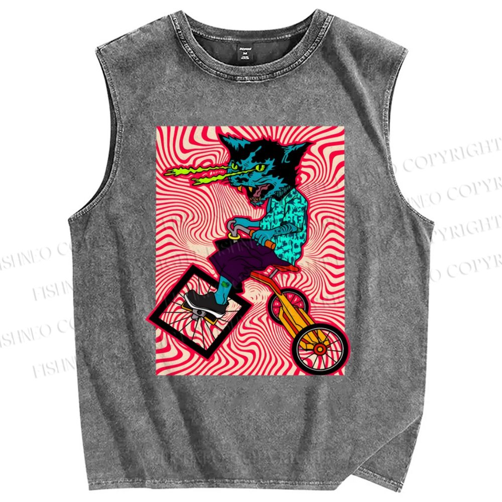 Unisex Cycling Cat Printed Washed Tank Top