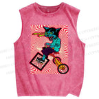 Unisex Cycling Cat Printed Washed Tank Top