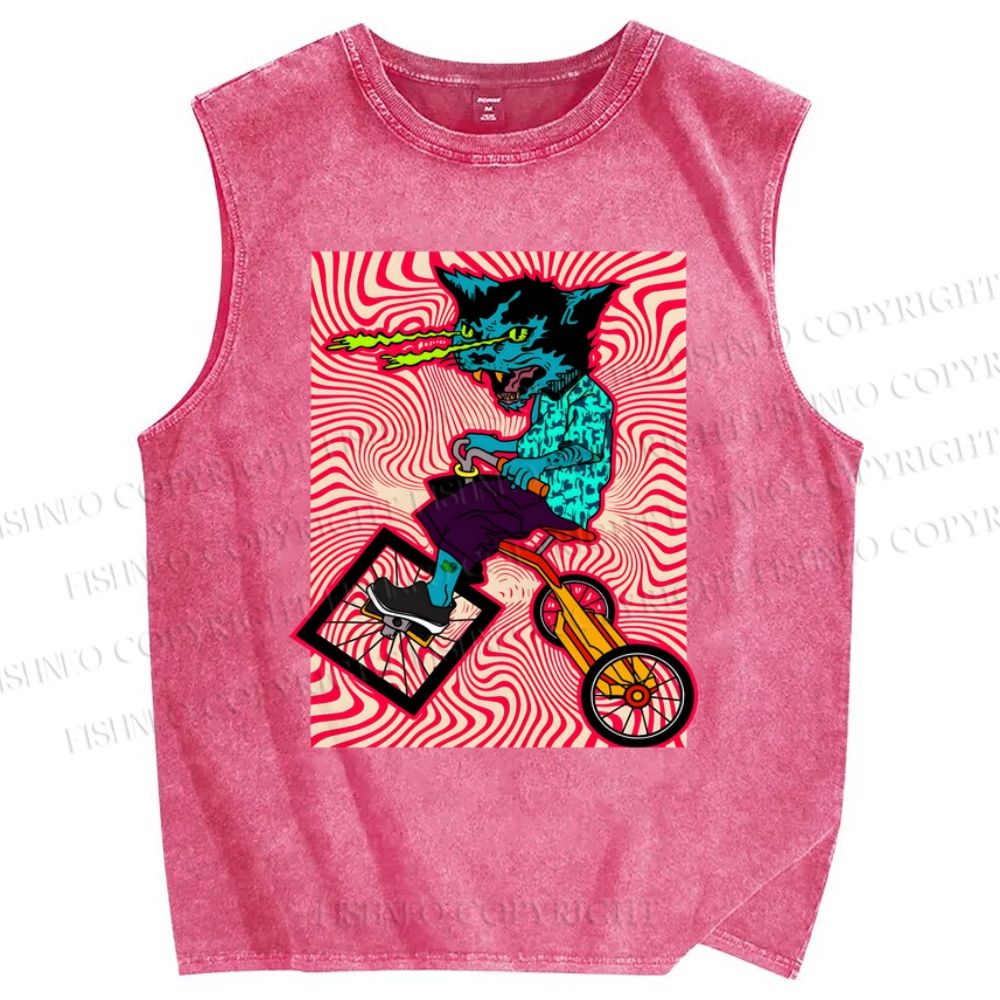 Unisex Cycling Cat Printed Washed Tank Top