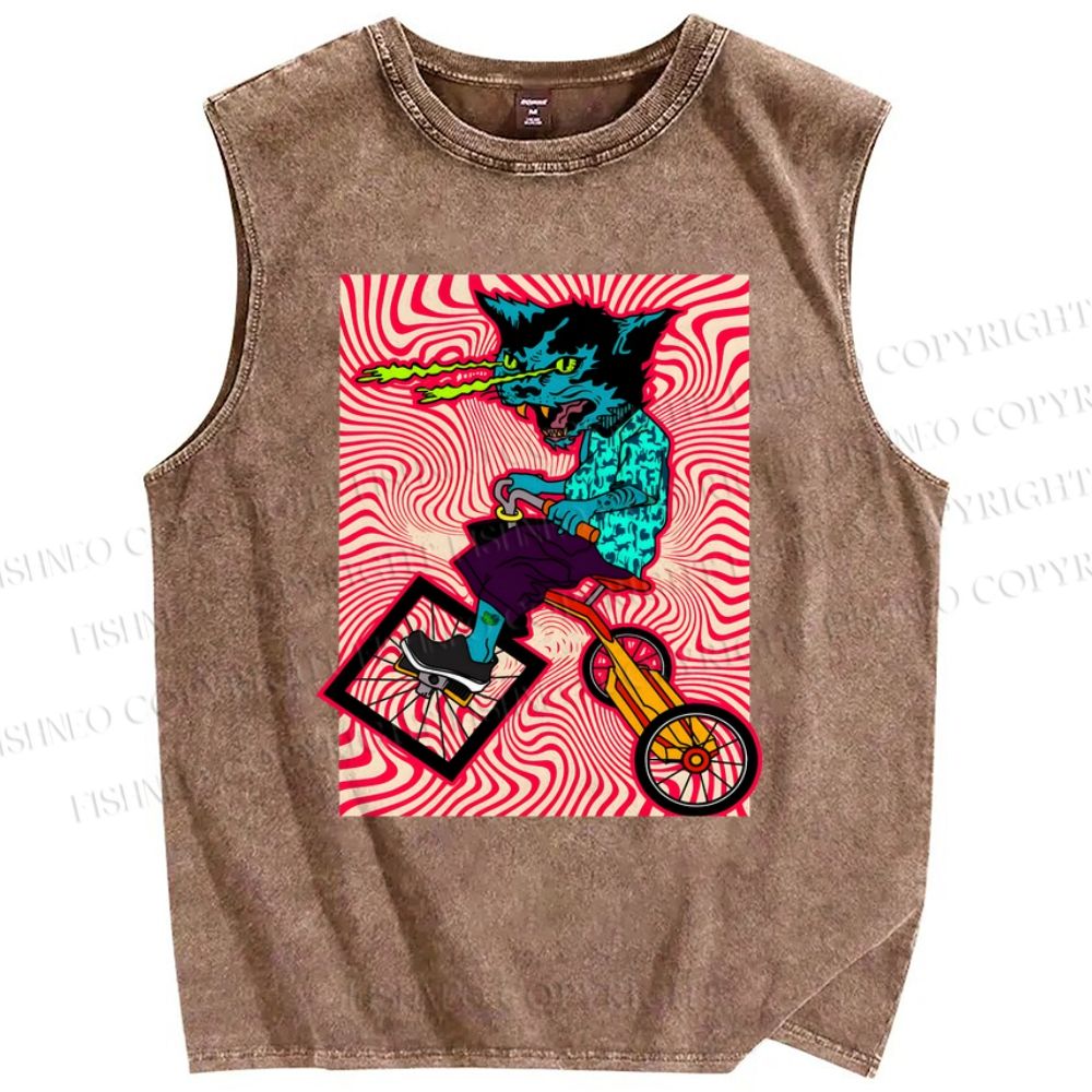 Unisex Cycling Cat Printed Washed Tank Top