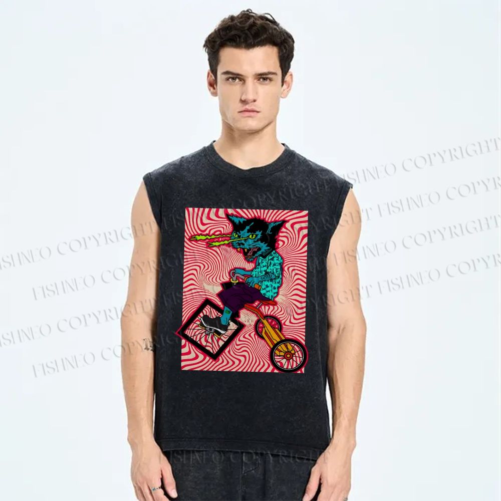 Unisex Cycling Cat Printed Washed Tank Top