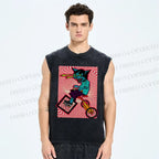 Unisex Cycling Cat Printed Washed Tank Top