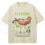 Unisex Chilling Cat Get Drunk Catatobic Printed Washed Tee
