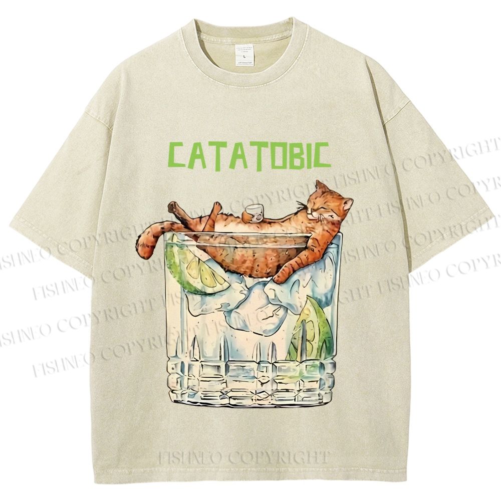 Unisex Chilling Cat Get Drunk Catatobic Printed Washed Tee