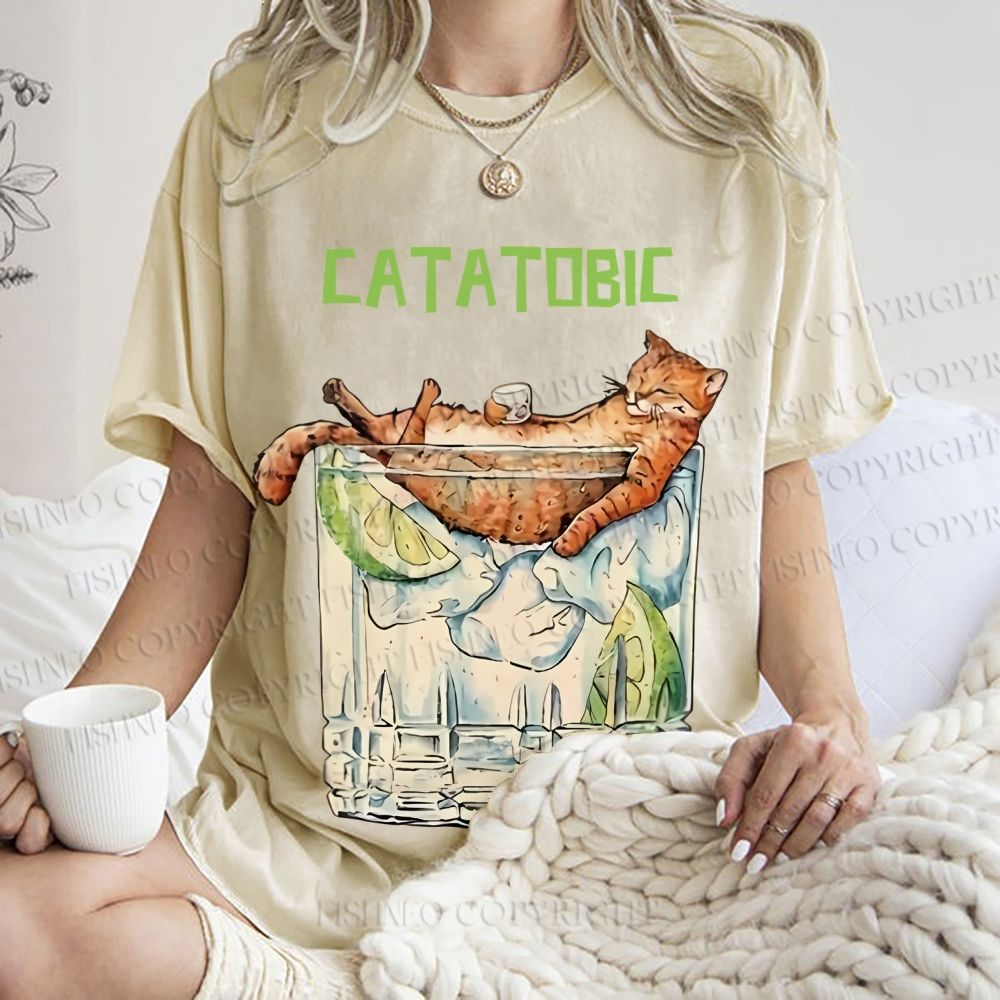Unisex Chilling Cat Get Drunk Catatobic Printed Washed Tee