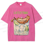Unisex Chilling Cat Get Drunk Catatobic Printed Washed Tee