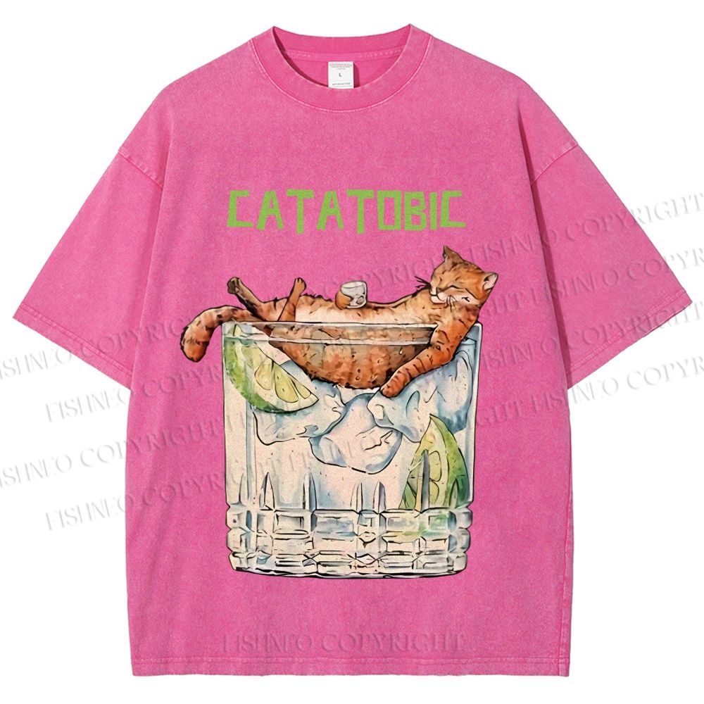 Unisex Chilling Cat Get Drunk Catatobic Printed Washed Tee