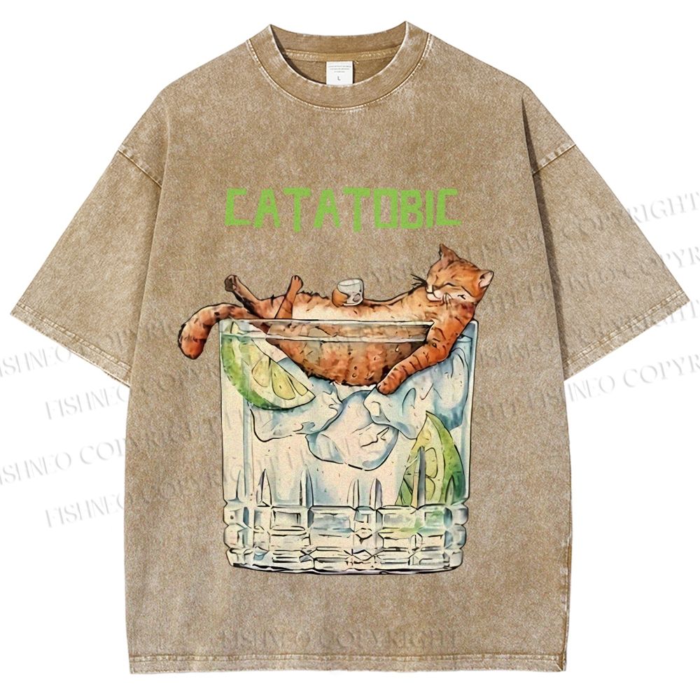Unisex Chilling Cat Get Drunk Catatobic Printed Washed Tee