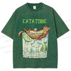 Unisex Chilling Cat Get Drunk Catatobic Printed Washed Tee