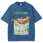 Unisex Chilling Cat Get Drunk Catatobic Printed Washed Tee