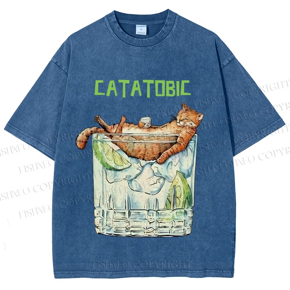 Unisex Chilling Cat Get Drunk Catatobic Printed Washed Tee