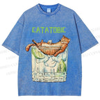 Unisex Chilling Cat Get Drunk Catatobic Printed Washed Tee