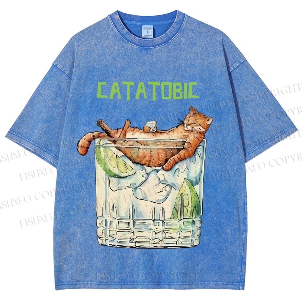 Unisex Chilling Cat Get Drunk Catatobic Printed Washed Tee
