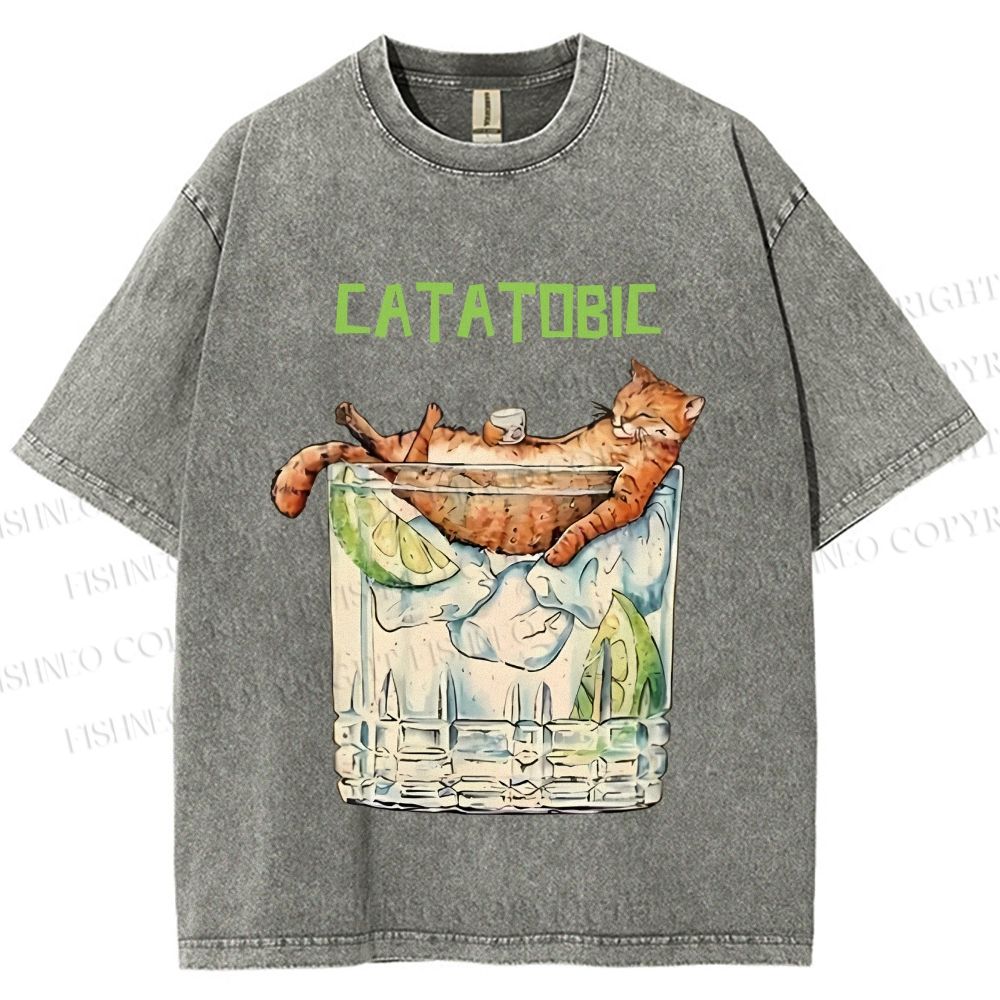 Unisex Chilling Cat Get Drunk Catatobic Printed Washed Tee