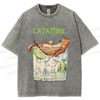 Unisex Chilling Cat Get Drunk Catatobic Printed Washed Tee