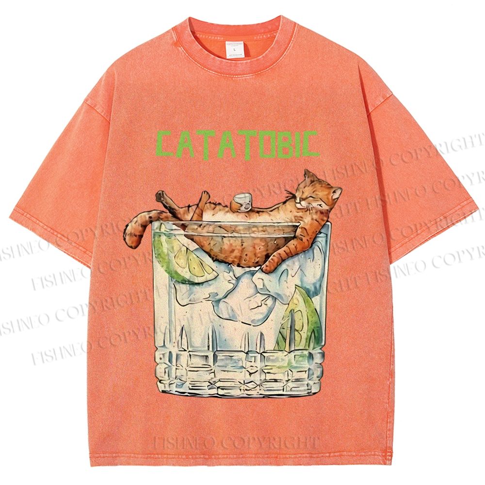 Unisex Chilling Cat Get Drunk Catatobic Printed Washed Tee