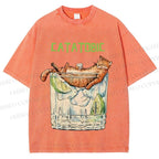 Unisex Chilling Cat Get Drunk Catatobic Printed Washed Tee