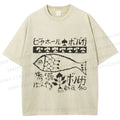 Unisex Vintage Japanese Fish Printed Washed Tee