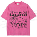 Unisex Vintage Japanese Fish Printed Washed Tee
