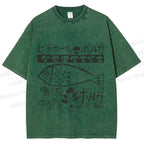 Unisex Vintage Japanese Fish Printed Washed Tee