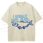 Unisex Vintage I Really Love Fish Sardine Printed Washed Tee