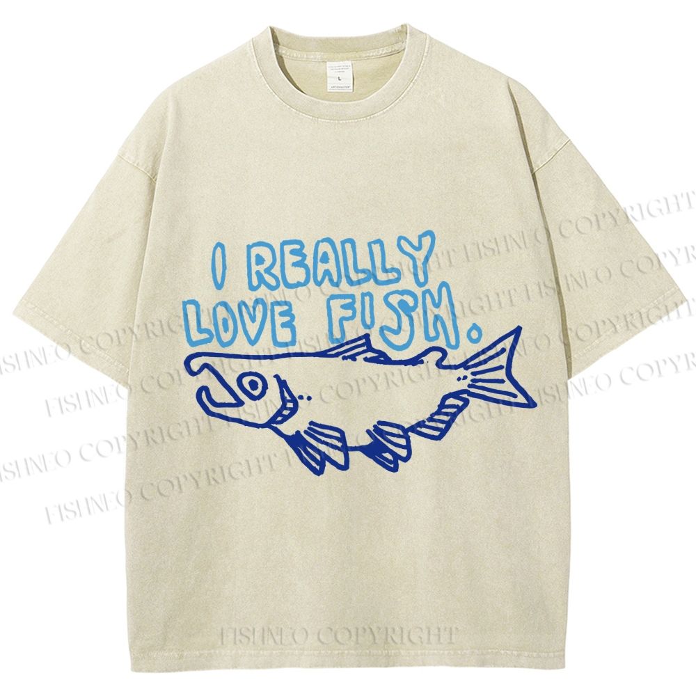 Unisex Vintage I Really Love Fish Sardine Printed Washed Tee