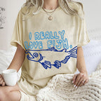 Unisex Vintage I Really Love Fish Sardine Printed Washed Tee