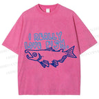 Unisex Vintage I Really Love Fish Sardine Printed Washed Tee