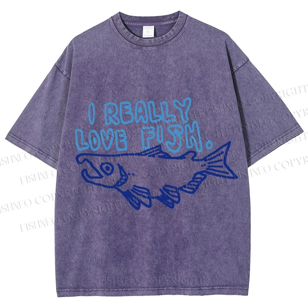 Unisex Vintage I Really Love Fish Sardine Printed Washed Tee