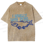 Unisex Vintage I Really Love Fish Sardine Printed Washed Tee