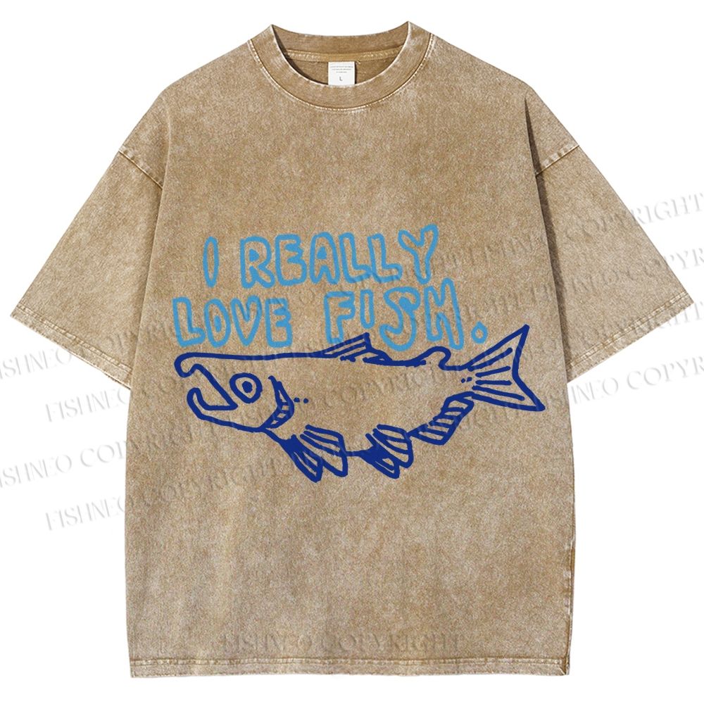 Unisex Vintage I Really Love Fish Sardine Printed Washed Tee