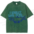 Unisex Vintage I Really Love Fish Sardine Printed Washed Tee