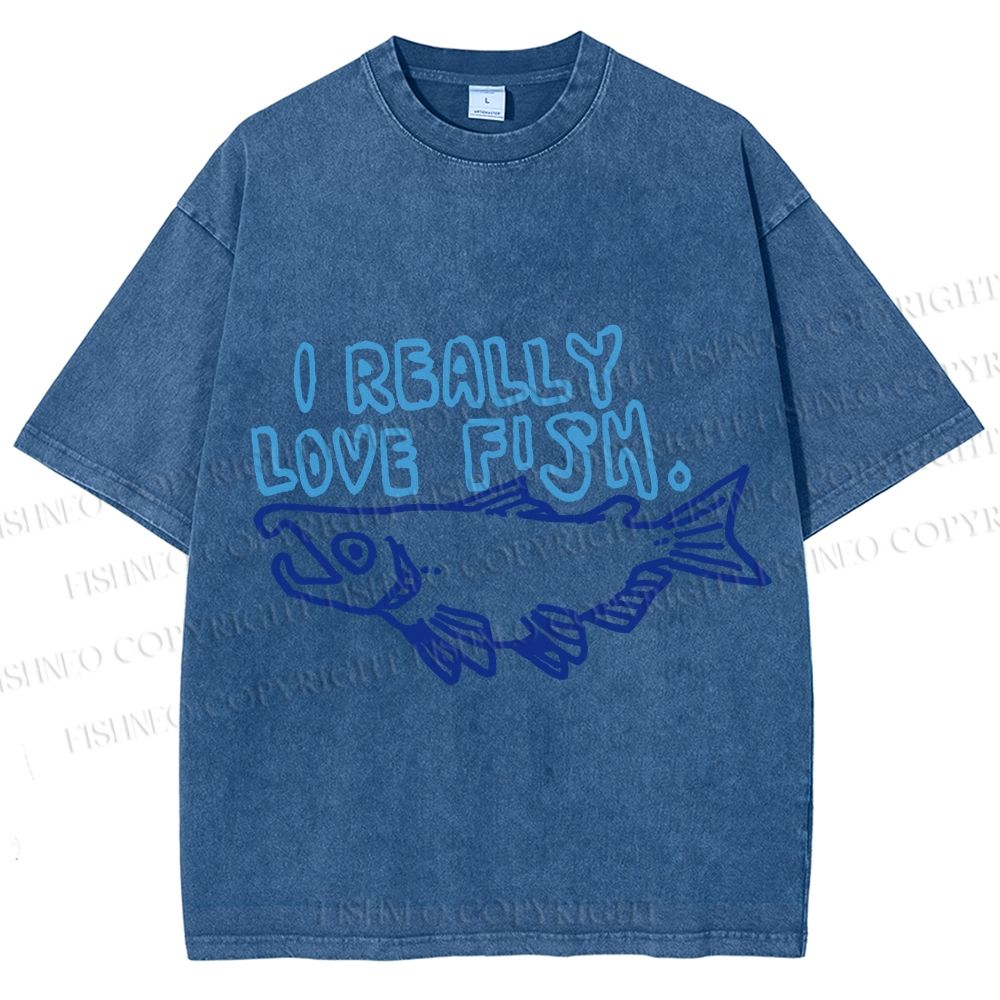 Unisex Vintage I Really Love Fish Sardine Printed Washed Tee