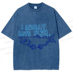 Unisex Vintage I Really Love Fish Sardine Printed Washed Tee